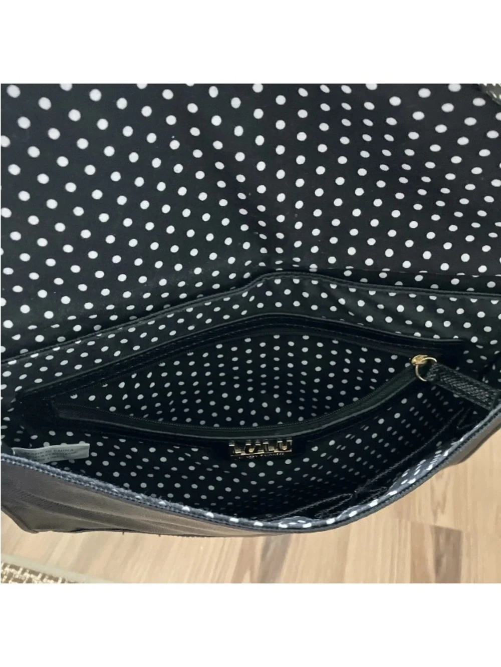 Lulu Guinness Handbag Black & Gold Envelope Bag Clutch Wristlet Vegan Embossed..